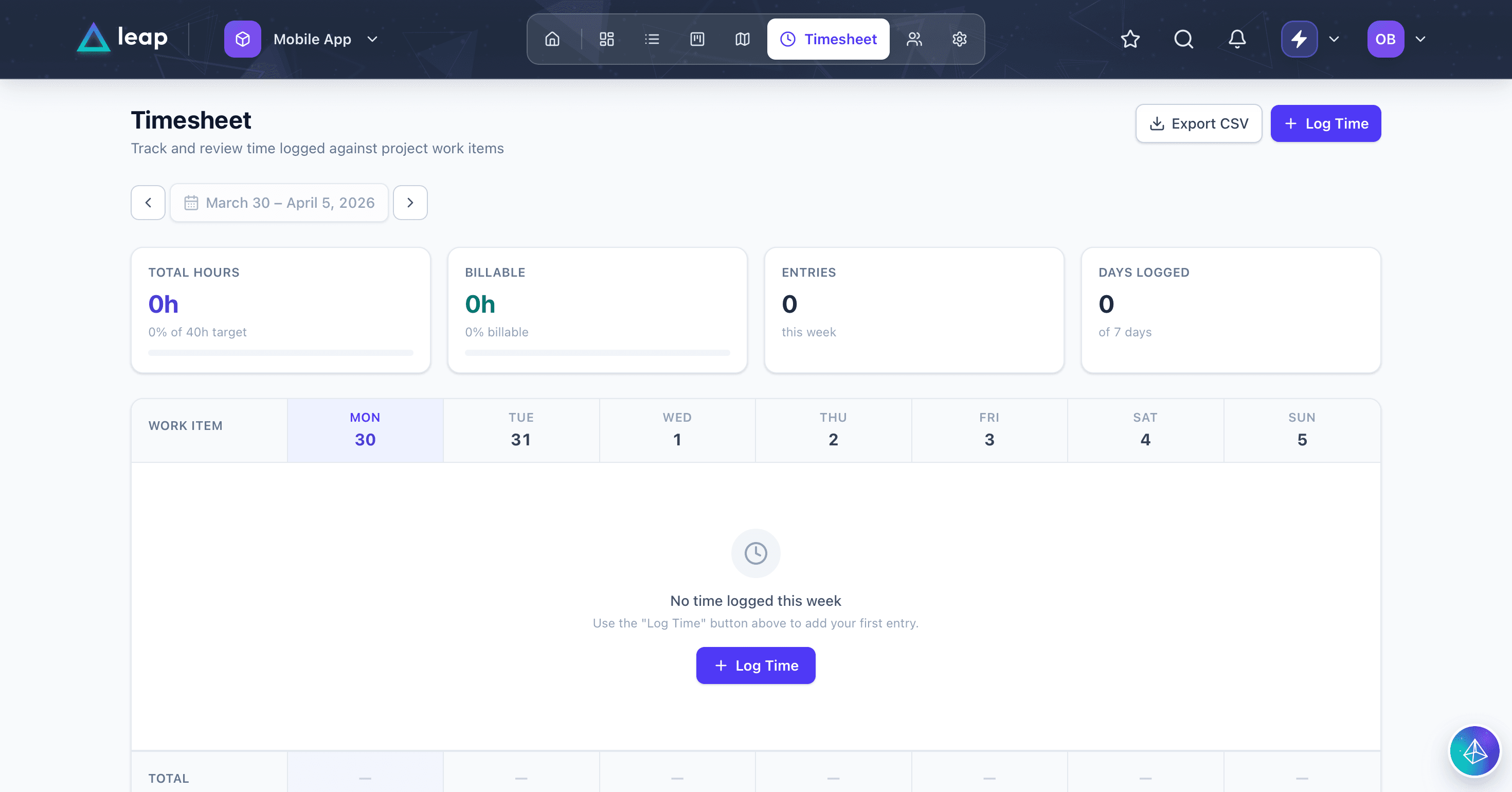 Leap Grove timesheet and billing interface